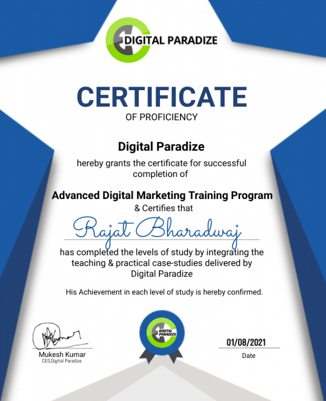 Digital Paradize Digital Marketing Course Certificate of student