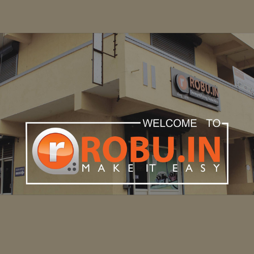 Robu logo with a yellow Robu building and signboard in the background.